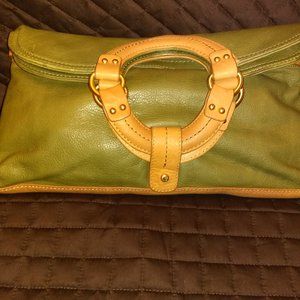Liz Claiborne Leather clutch handbag - Tan/Green with gold tone trim
